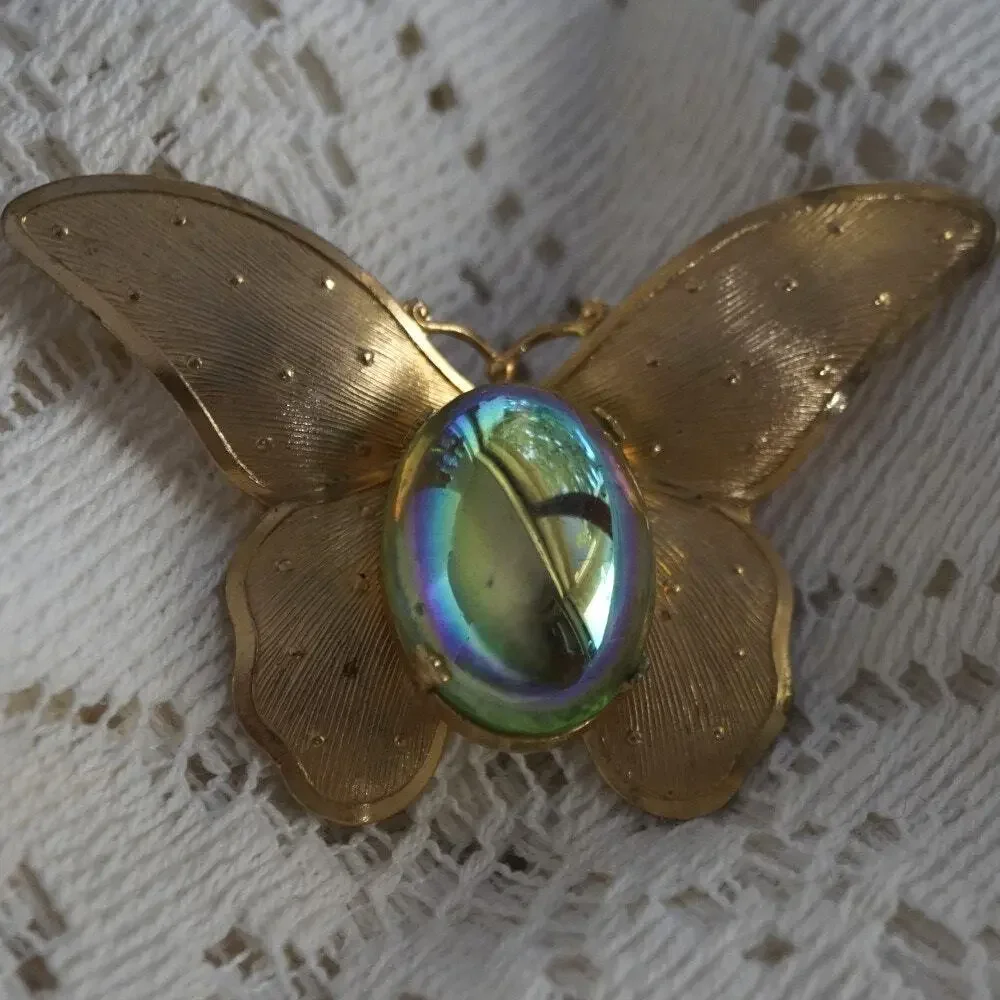 Iridescent Vintage AB Butterfly‎ Brooch Gold Tone Statement Y2K Fairycore Pin